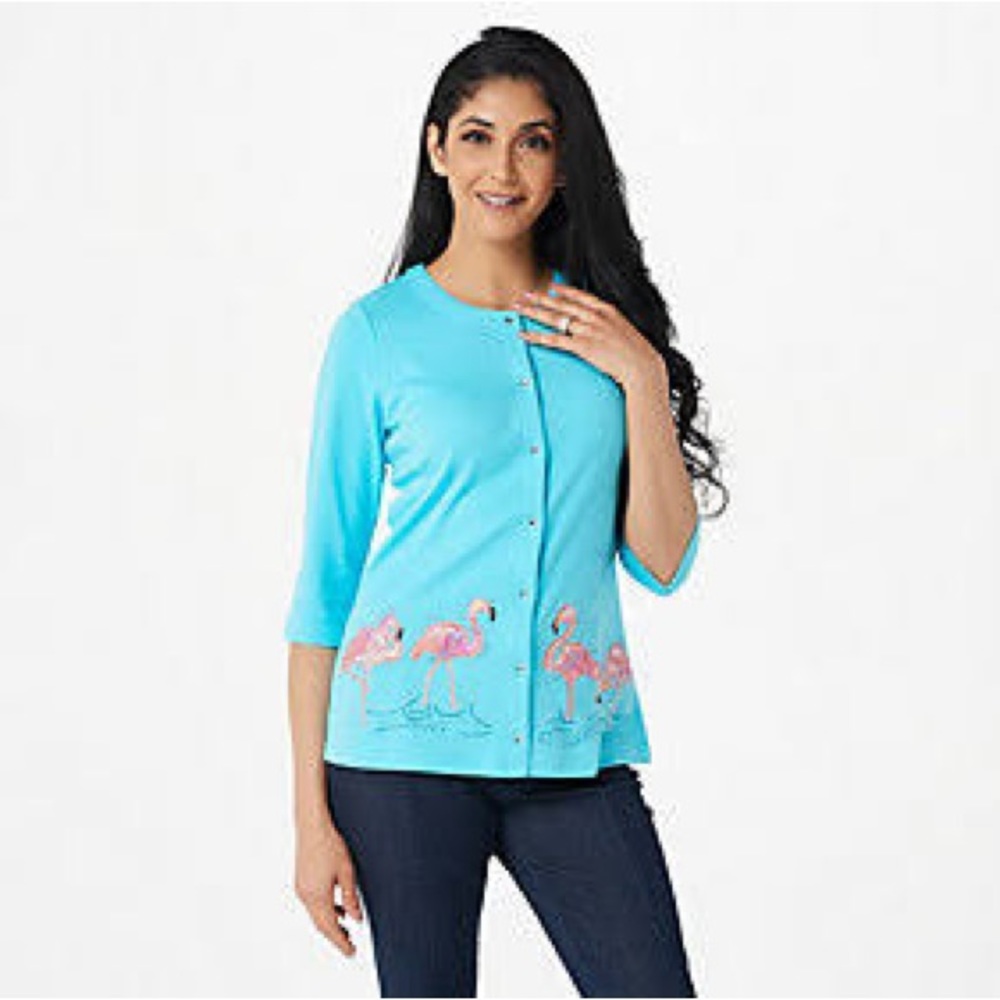 Quacker Factory | Turquoise & Pink Flamingo Three-Quarter-Sleeve Cardigan - 3X